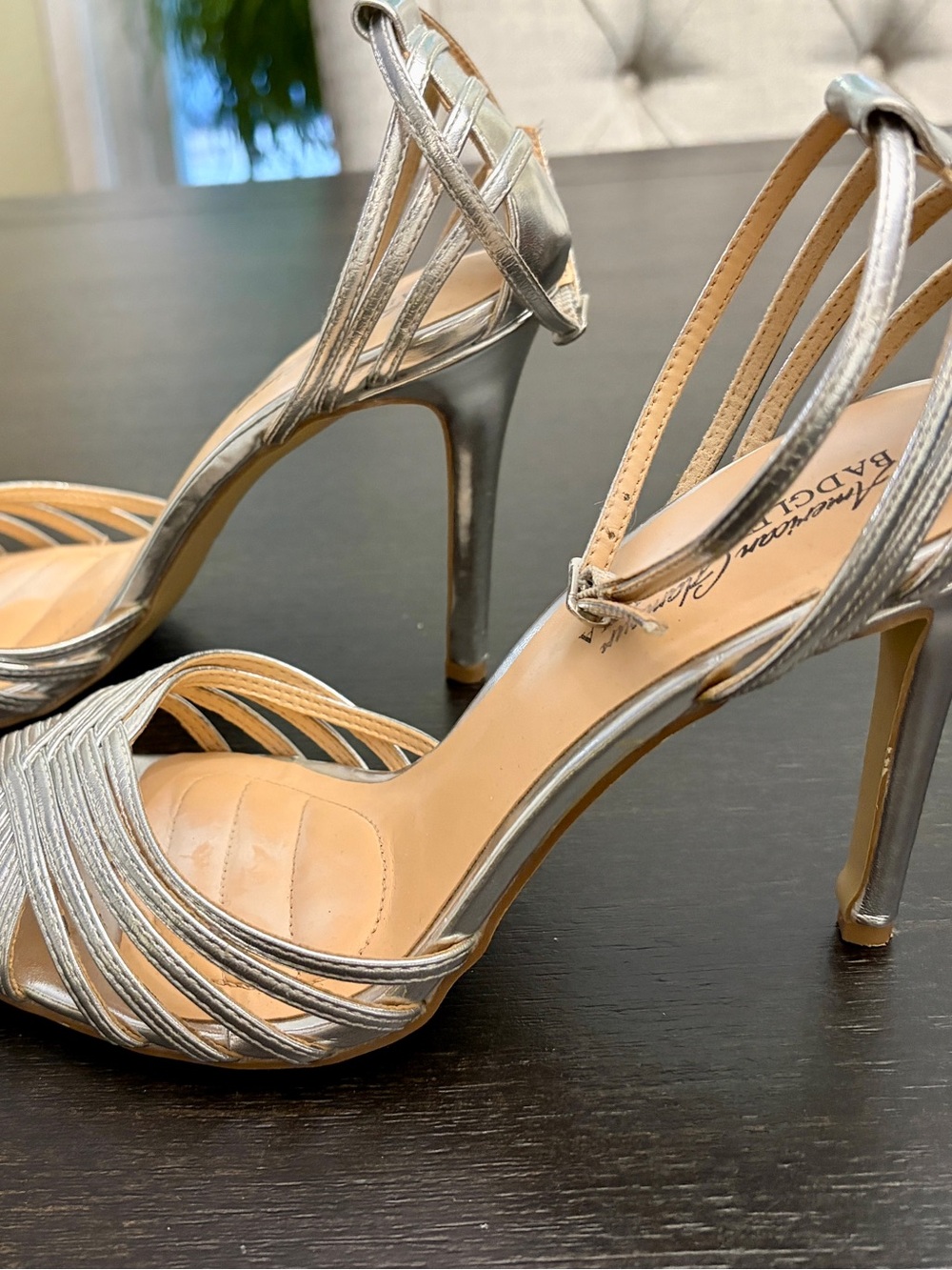 NWOT American Glamour Badgley Mischka Silver Strappy Caged Stiletto Heels